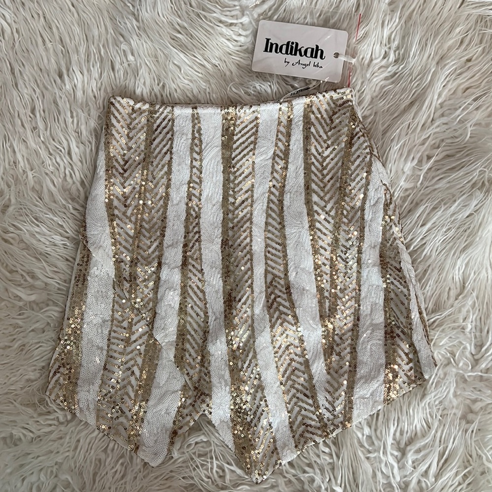 Indikah Gold & White Asymmetrical Sequin Skirt Small